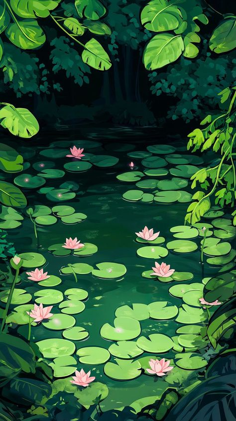 Green Japanese Aesthetic, Green Art Aesthetic, Plant Widget, Lilypad Art, Tablet Background, Green Illustration, Green Scenery, Space Phone Wallpaper, Leaves Wallpaper