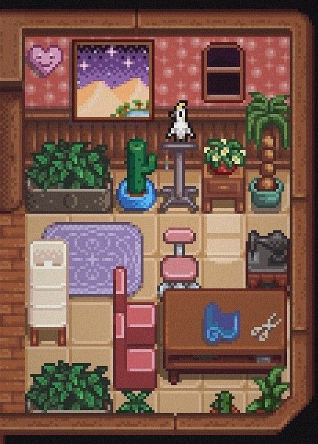 Finally got Emily's room right 😌 Hope my spouse will like it! Stardew Valley Spouse Rooms, Emily Stardew Valley, Emily Room, Stardew Valley Layout, Stardew Valley Tips, Cool Pixel Art, Stardew Valley, Secret Garden, Sims 4