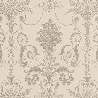 Curtains in Josette Truffle French Style Wallpaper, Laura Ashley Josette Wallpaper, Chateau Wallpaper, Pink And Silver Wallpaper, Artistic Wallpapers, Intermediate Colors, Artistic Wallpaper, Silver Wallpaper, French Toile