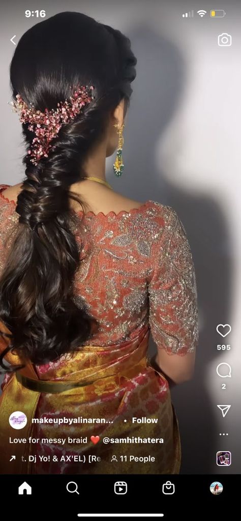 Front Hairstyle For Messy Braid, Reception Hairdo For Saree, Simple Hairstyle For Reception, Hairstyles For Medium Length Hair Bridal, Long Jada Hairstyles, Braided Hairstyles South Indian, Indian Hairstyles For Traditional Saree, Bridal Hairstyle Indian Wedding Braids, Tradition Hairstyle Indian