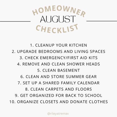 August homeowner checklist. Save this and reference it when you're doing house chores! #homeowner #home #clean #organize #interior Homeowner Checklist, Happy Homemaking, Home Maintenance Checklist, House Chores, Home Management, Up House, Home Organisation, Cleaning Checklist, Cleaning Routine