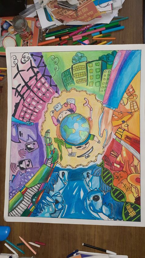 Making The World A Kinder Place Drawing, Save Trees Save Earth Posters, Globalization Poster Making, Poster About Environment Drawing, Globalisation Poster, Science Poster Making Ideas, Poster Making About Technology, Science Poster Making, Globalisasyon Poster