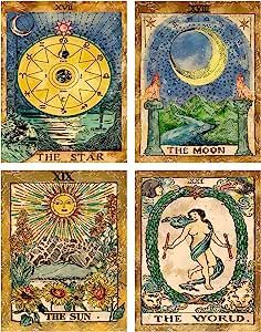 ZeeDix 4 Pcs Tarot Flag Tapestry- Small Tarot Card Europe Mysterious Medieval Tapestry, The Sun, The Moon, The Star Astrology Divination Tapestry for Home Room with Seamless Nails (New Multi-Color Tarot Tapestry) Tarot Tapestry, The World Tarot, Wall Nails, Small Tapestry, The Moon Tarot, Medieval Tapestry, Medieval Europe, Room Tapestry, Indoor Decoration