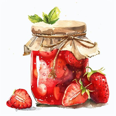 Realistic Food Drawings, Food Watercolor Painting, Pyrex Designs, Jar Clipart, Monster Food, Homemade Stickers, Jam Jars, Lily Painting, Jar Art