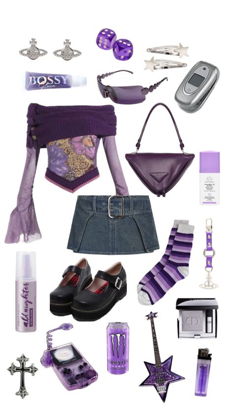 #purple #y2k #outfit #outfitinspiration #beauty Purple Bratz Outfit, 2000s Fashion Outfits Purple, Pink And Purple Y2k Outfit, Purple Acubi Outfit, Purple Birthday Outfit Ideas, 2000s Fashion Purple, Purple Y2k Clothes, Purple 2000s Outfit, Purple Themed Outfits