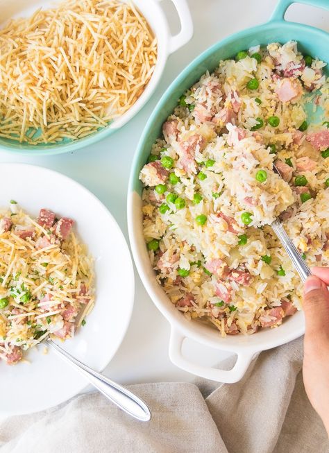 This Brazilian fried rice with ham and egg recipe is delicious, fun, extremely easy to make, and totally customizable for you to make your own version! Chicken Leg Stew, Mango Dressing Recipe, Brazilian Rice, Mango Salad Dressing, Mango Dressing, Stew Chicken, Ham Steaks, Stew Chicken Recipe, Ham And Eggs