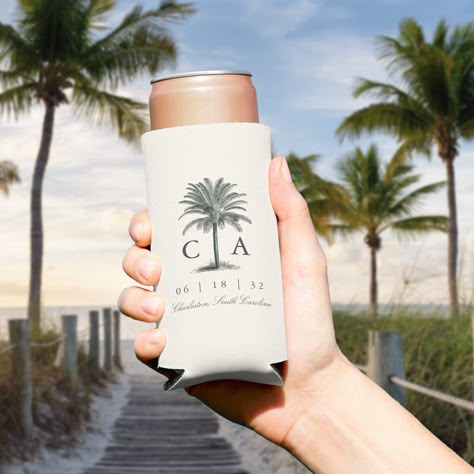 Vintage beach style wedding can cooler features an etched palm tree illustration with your initials alongside. Personalize with your wedding date and location beneath for a perfect wedding favor or addition to your destination wedding welcome bags. Beach Wedding Koozies, Destination Wedding Guest Gifts, Beach Wedding Bridal Party, Welcome Bags Wedding, Wedding Favors Beach, Mexico Boho, Mexico Beach Wedding, Destination Wedding Welcome Bags, Palm Tree Wedding