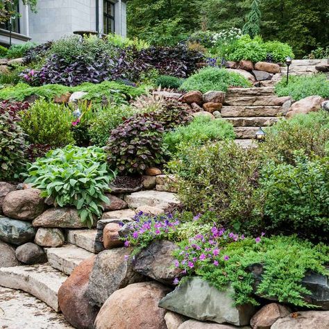 Yard Layout, Backyard Hill Landscaping, Rock Fence, Sloped Backyard Landscaping, Terraced Landscaping, Landscaping A Slope, Hill Garden, Landscaping On A Hill, Sloped Yard