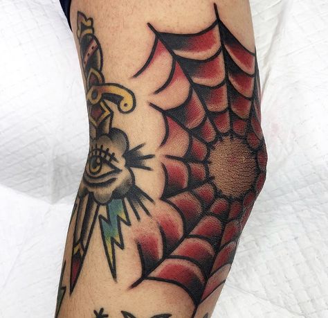 Red Spider Web Tattoo, Spiderweb Filler Tattoo, American Traditional Black Widow Tattoo, Spiderweb Elbow Tattoo Traditional, Spiderweb Knee Tattoo Traditional, Elbow Trad Tattoo, Traditional Web Tattoo, Elbow Tattoo Men Traditional, Elbow Web Tattoo