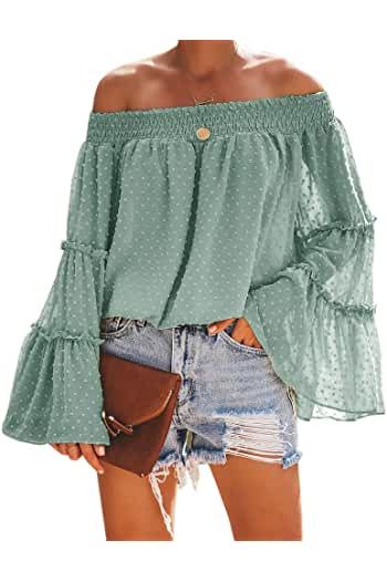 Flowy Blouse Outfit, Spring Outfits Boho, Boho Style Tops, Chiffon Blouses, Bell Sleeve Shirt, Off The Shoulder Tops, Flared Sleeves Top, Bohemian Blouses, Flare Long Sleeve