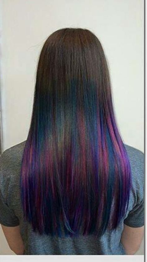 Vivid Balayage Brunette, Oil Slick Balayage, Colored Peekaboo Highlights, Balayage Multicolor, Prism Highlights Black Hair, Oil Slick Hair Peekaboo, Purple Balayage Brunette, Hidden Oil Slick Hair, Oil Slick Hair Color Light Brown