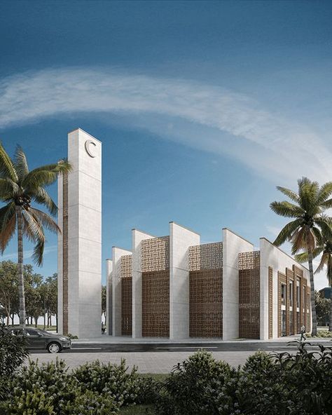 Mosque Modern Design, Mosque Minaret Design, Islamic Mosque Architecture, Modern Masjid Design, Masjid Design Islamic Architecture, Concrete Roof Detail, Surau Design, Mushola Design, Modern Mosque Design