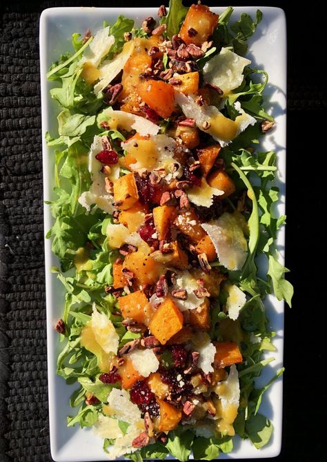 Roasted Butternut Squash Salad with Warm Cider Vinaigrette – GFchow Arugula Salad With Butternut Squash, Butternut Squash Arugula Salad, Arugula Butternut Squash Salad, Butternut Squash Salad Recipes, Butternut Squash Side Dish, Roasted Butternut Squash Salad, Best Vegan Cheese, Parmesan Salad, Cider Vinaigrette