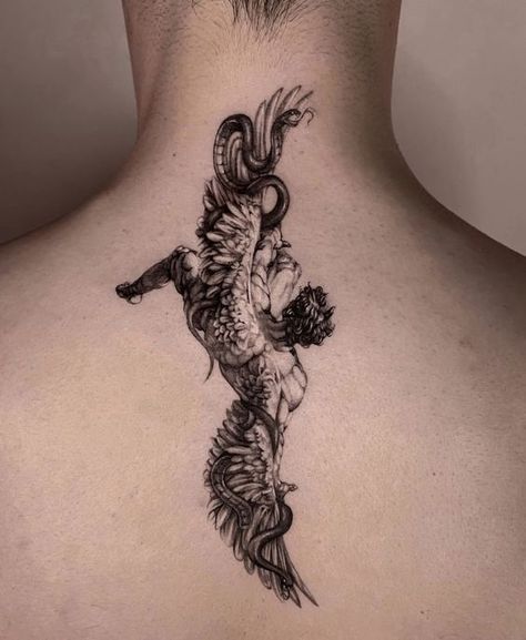 Neck Tattoo For Guys Cover Up, Fallen Tattoo Angel, Fallen Angel Aesthetic Tattoo, Inner Demon Tattoo Ideas, Shadowed Tattoo, Fallen Angel Tattoo Ideas, Angel Tattoos Men, Angel Tattoo Shoulder, Lucifer Tattoo Design Angel