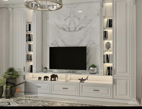 Tv Wall Neoclassic, Tv Wall Design Classic, Neoclassical Tv Wall Design, Neo Classic Tv Wall Design, Classic Tv Wall Design, Classic Tv Wall, Classic Interior Design Living Room, Tv Stand Ideas, Tv Wall Shelves