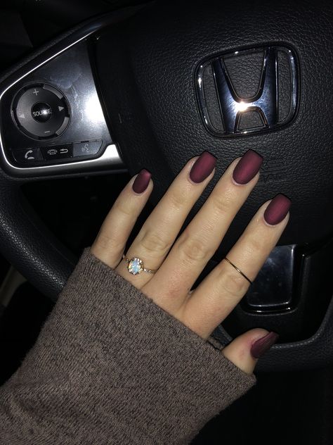 Matte Burgundy Coffin Acrylic Nails Dark Red Nails Matte With Glitter, Flat Maroon Nails, Basic February Nails, Dark Burgundy Acrylic Nails, Matte Red Gel Nails, Acrylic Nails Maroon Burgundy, Matte Maroon Nails Short, Fall Matte Acrylic Nails, Maroon Gel Nails Burgundy