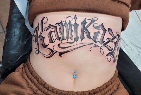 Stomach Name Tattoos Women, Last Name Stomach Tattoos, Stomach Lettering Tattoo Women, Upper Stomach Tattoos Women, Stomach Tattoos Women Words, Stomach Tattoos Women, Belly Tattoo, Aries Tattoo, Chest Piece Tattoos