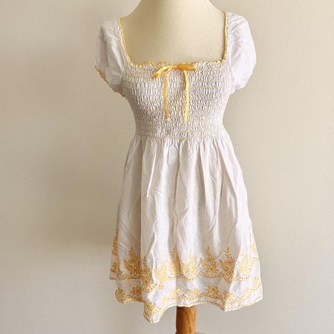 White babydoll mini dress with yellow embroidery and... - Depop Yellow Coquette, Sundress White, Short Sundress, Yellow Embroidery, White Babydoll, Babydoll Mini Dress, Sundress, Baby Dolls, Mini Dress