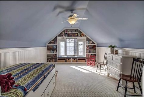 Attic Space Ideas, Low Ceiling Attic Bedroom, Low Ceiling Attic, Attic Room Ideas, Beadboard Wainscoting, Finished Attic, Slanted Ceiling, Dado Rail, Attic Bedrooms