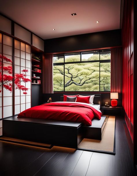 Embrace the serenity of Japanese design with this contemporary bedroom. Zen Elegance, Minimalist Aesthetics, clean lines and uncluttered spaces. Remember, the essence of a modern Japanese bedroom lies in simplicity, harmony, and a deep connection to nature Japanese Rooms Bedrooms, Japanese House Aesthetic Modern, Dark Japanese Bedroom, Japanese Theme Bedroom, Japanese Room Bedrooms, Contemporary Japanese Interior, Japanese Themed Bedroom, Japanese Room Aesthetic, Japanese Bedroom Aesthetic