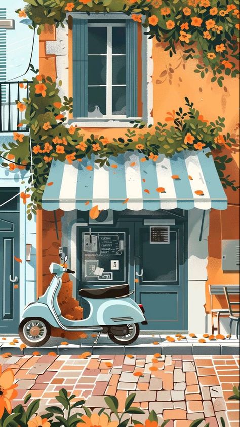 Italy Cartoon Illustrations, Italy Street Drawing, Cafe Paintings Art, Cafe Illustration Art, Italy Art Painting, Vespa Wallpaper, Paintings Of Italy, Italian Images, Italian Background