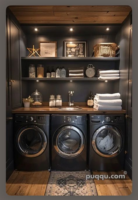 Dark Brown Laundry Room, Black Shiplap Laundry Room, Dark Moody Laundry Room, Moody Laundry Room, Black Laundry Room, Room Ideas Dark, Luxury Laundry, Black Laundry, Laundry Room Countertop