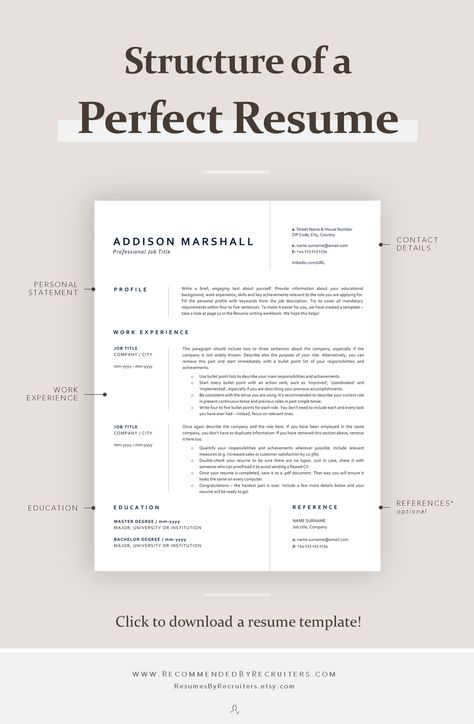 Structure of a resume plays a key role in its readability and overall impression your CV makes on employers. The main parts each resume should have are contact details, personal statement, work experience, education section and skills overview. Structure it professionally on your own or save some time and download a professionally designed and structured resume template to jump-start your job search.  Download a professional CV design now. #resumestructure #cvdesign #downloadresume Basic Resume Examples, Good Resume, Free Resume Examples, Administrative Assistant Resume, Professional Resume Examples, Cv Tips, Job Interview Preparation, Cv Writing, Basic Resume