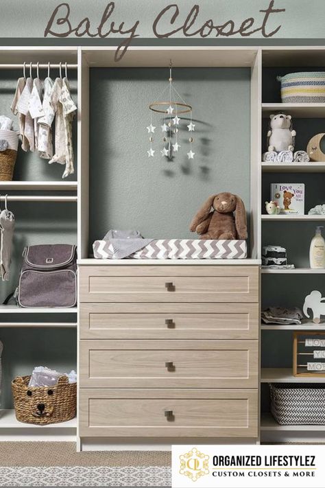 One Door Baby Closet, In Closet Changing Table, Nursery Closet Open, Nursery Closet Organization With Changing Table, Shared Nursery Closet, Open Closet For Nursery, Built In Nursery Closet, Closet Change Table, Nursery Closet Built In Changing Table