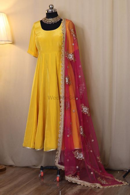 Floral Long Frocks, Orange Dupatta, Yellow Anarkali, Floral Prints Fashion, Unique Bridesmaid Dresses, Latest Maxi Dresses, Anarkali Dress Pattern, Bright Dress, Fancy Sarees Party Wear