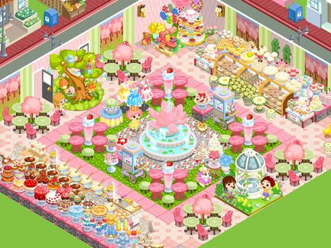 (cups) My Bakery shop in Bakery Story game by Team Lava Game Shop Design, Story Layout Ideas, Contemporary Basement, Kawaii Home, Bakery Restaurant, Pink Games, Mall Decor, Story Layout, Nursing Research