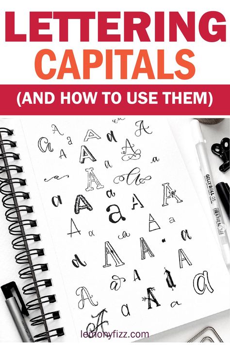 Hand lettering alphabet styles for capital letters to practice for your journal, creative journal, and planners. Lettering Capital Letters, Capital Letters Calligraphy, Journal Creative, Calligraphy Hand Lettering, Hand Lettering For Beginners, Hand Lettering Styles, Alphabet Style, Faux Calligraphy, Pretty Letters