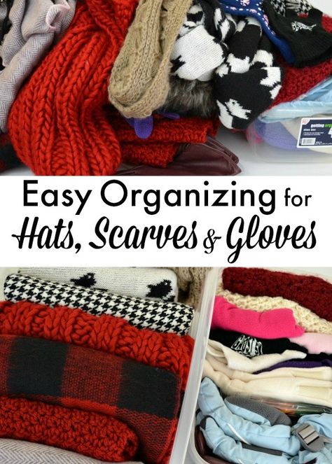 A quick and easy tip to organize hats, scarves and gloves. All you need is a few minutes! | Ask Anna Storage For Winter Hats And Gloves, Organize Winter Hats And Gloves, Organizing Hats And Gloves Winter Gear, Hats And Gloves Storage Ideas, Winter Scarf Storage, Winter Gear Organization, Organize Hats, Fiberglass Shower Stalls, How To Store Scarves