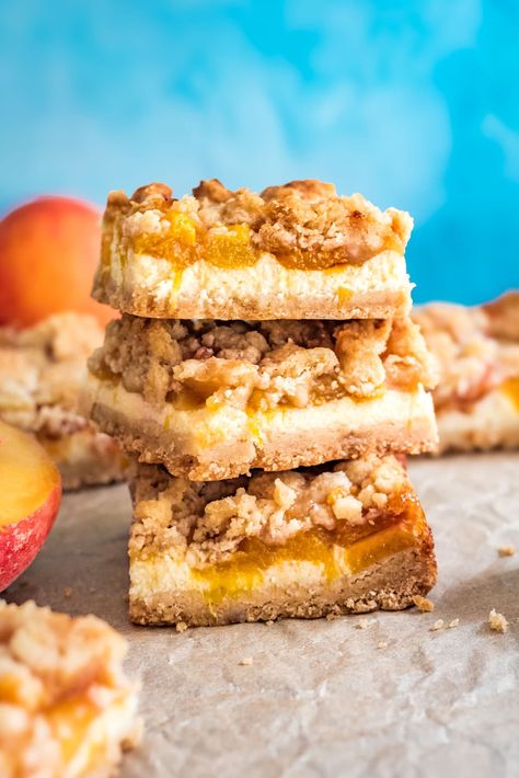 These Peaches and Cream Bars feature a buttery, brown sugar-kissed crust, a rich cream cheese layer, and sweet, juicy peaches. Apple Baking, Peaches Cream Cheese, Peach Dessert, Cream Cheese Bars, Baking Treats, Maple Bourbon, Cheese Bar, Peach Desserts, Cookie Bar