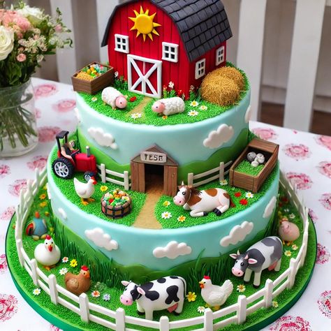 Animal Farm Cake, Farm Theme Birthday Cake, Cake 2 Tier, Farm Animal Cakes, Theme Birthday Cake, Farm Theme Birthday, Farm Cake, House Cake, Little Red Hen