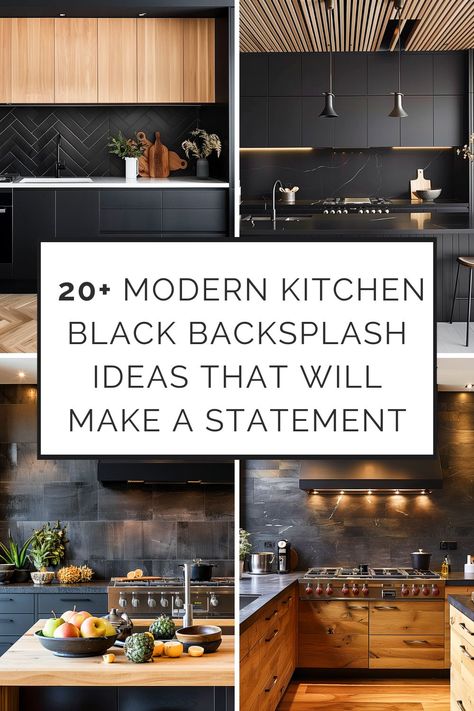 20  Modern Kitchen Black Backsplash Ideas That Will Make a Statement - HearthandPetals Black Backsplash With Black Countertop, Black Cabinets And Black Backsplash, Black Kitchen Black Backsplash, White Backsplash Black Cabinets, Backsplash For Black Counters, Black Countertop With Backsplash, Modern Contemporary Kitchen Backsplash, Wood Cabinets Black Backsplash, Industrial Modern Backsplash