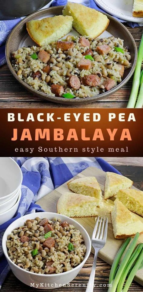 You're going to love this easy Black-eyed Pea Jambalaya (aka Hoppin' John) recipe with canned black-eyed peas, ham, and sausage! As an added bonus, it's one pot, one pan, meaning clean up is a snap. This recipe for Carolina peas and rice is about to knock your socks off. Make a big batch for New Year's Day to ring in the New Year with tidings of luck, prosperity, and good fortune. #hoppinjohn Black Eyed Peas Ham, Canned Black Eyed Peas Recipe, Canned Black Eyed Peas, Pan Meaning, Blackeyed Pea Recipes, Hoppin John Recipe, Black Eyed Pea Soup, Rotel Recipes, Blackeyed Peas