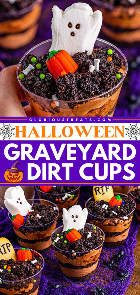 These Halloween Graveyard Dirt Cups are fun Halloween treats that are a festive take on the traditional pudding dirt cup dessert! They make a great addition to your easy Halloween party ideas! Halloween Graveyard Cups, Dirt Cups Halloween Dessert, Halloween Graveyard Dirt Cups, Halloween Desserts In A Cup, Pumpkin Patch Pudding Cups, Pudding Halloween Cups, Dirt Worm Cups, Halloween Pudding Cups Ideas, Jello Dirt Cups