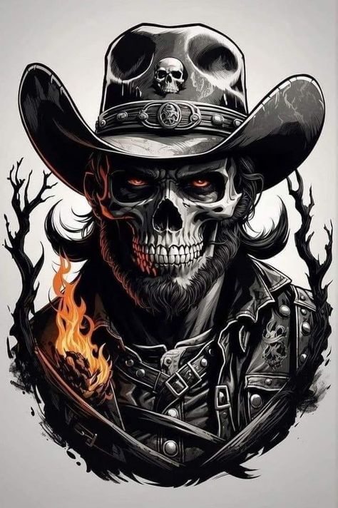 Ghost Rider Skull Tattoo, Ghost Rider Tattoo Design, Ghost Rider Tattoo, Ghost Raider, Pirate Skull Tattoos, Goth Cowboy, Black Skulls Wallpaper, Ghost Horror, Cowboy Tattoos