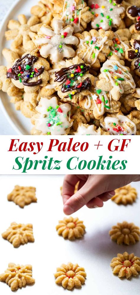 These gluten free and paleo spritz cookies are buttery sweet, easy to make and tons of fun to decorate for the holidays! A fun healthy baking treat your whole family will love. #grainfree #paleo #glutenfree #cleaneating #healthybaking #christmascookies Gluten Free Spritz Cookies, Paleo Christmas Cookies, Aip Cookies, Dairy Free Deserts, Paleo Holiday Recipes, Paleo Christmas, Paleo Running Momma, Chewy Molasses Cookies, Chewy Gingerbread Cookies