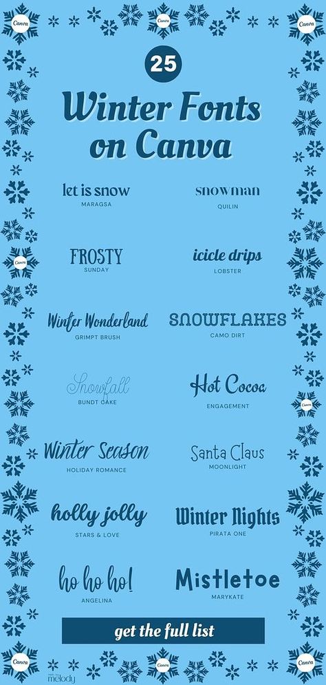 Cozy up your designs with 25 best winter fonts on Canva. Whether you're working on holiday cards, Pinterest pins, or a custom Christmas menu, these fonts will add the perfect touch of winter magic. Find more Christmas fonts, holiday fonts, winter fonts, and Best Canva Fonts & Most Popular Canva Fonts at madebymelody.co. Fall Fonts Canva, College Font Canva, Autumn Fonts Canva, Canva Holiday Fonts, Fall Canva Fonts, Canva Christmas Fonts, Christmas Fonts Canva, Cozy Fonts, Winter Design Graphic