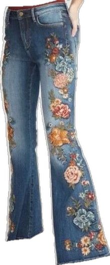 Driftwood Farrah midnight rose floral embroidered bohemian bell bottom jeans. Burgundy, pink, rust orange and blue roses and flowers. Red Rosa, Midnight Rose, Country Style Outfits, Bottom Jeans, Blue Roses, Rust Orange, Embroidered Jeans, Bell Bottom, Style Outfits