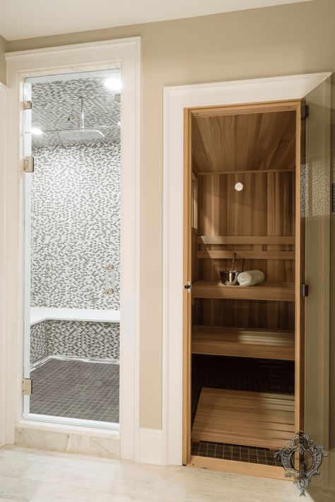 Shower And Sauna Bathroom, Sauna Bathroom Ideas Small Spaces, Steam Shower Sauna Bathroom, Sauna In Primary Bathroom, Spa Bathroom Layout, Bathroom Remodel With Sauna, Small Bathroom Sauna, Sauna Style Bathroom, Spa Like Home