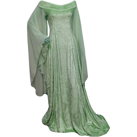 Mint medieval wedding dress, elven gown, off the shoulder gown, elven... (1.545 DKK) ❤ liked on Polyvore featuring dresses, long chiffon dress, long bridesmaid dresses, off the shoulder bridesmaid dresses, long green dress and off-shoulder dresses Elven Gown, Magical Costumes, Elvish Dress, Dresses Mint Green, Elf Fashion, Dnd Portraits, Fantasy Accessories, Medieval Wedding Dress, Mint Green Prom Dress