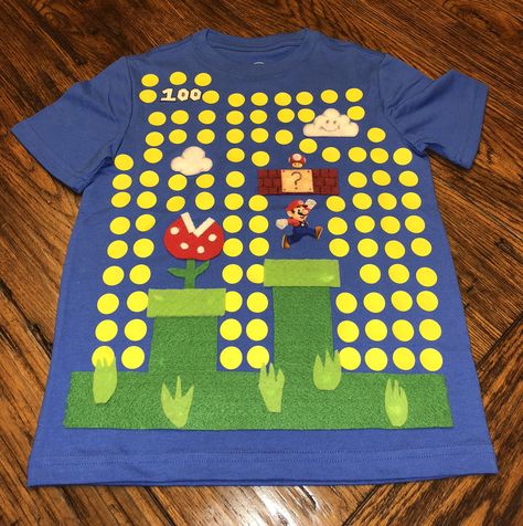 100 Days of School Shirt Super MARIO Bros Felt and fabric for MARIO. Make sure to glue the yellow coin stickers (got these at the $ Store) School Shirt Ideas, 100 Day Shirt Ideas, 100days Of School Shirt, 100 Días De Clases, 100th Day Of School Crafts, Super Mario Shirt, 100 Day Of School Project, Mario Shirt, 100 Days Of School Shirt