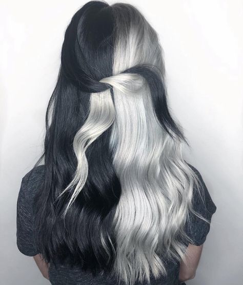 Half Colored Hair, Half Dyed Hair, Black And White Hair, Black White Hair, Vegas Hair, Half And Half Hair, Split Dyed Hair, White Hair Color, Hair Color Underneath