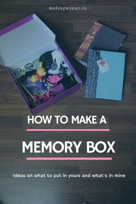 How to make a memory box. Why you should make one, what's in mine, and ideas on what to put in yours. Having keepsakes in one place keeps you organized... Memory Box Ideas, Memories Box Diy, Autograph Book Disney, High School Memories, Yearbook Covers, Special Birthday Cards, College Organization, Scrapbook Flowers, School Memories