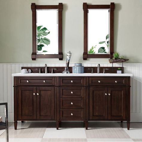 Transitional Bathroom Vanities | Vanities Depot Mahogany Bathroom, Bathroom Double Sink, 72” Bathroom Vanity, Classic Cabinets, Vanity Black, Classic Cabinet, Wood Backsplash, Satin Nickel Hardware, Undermount Sinks