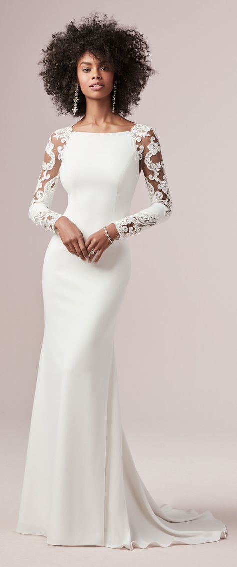 Mermaid Wedding Dress from Rebecca Ingram from Maggie Sottero Designs - Bethany | Beautiful illusion cut-out long sleeves accent this sleek and classy Chardon crepe wedding dress complete with a bateau neckline and sheath silhouette # ad #weddingdress #weddingdresses #bridalgown #bridal #bridalgowns #weddinggown #bridetobe #weddings #bride #dreamdress #bridalcollection #bridaldress #dress See more gorgeous wedding dresses by clicking on the photo Long Sleeve Sheath Wedding Dress, Bridal Aisle, Wedding Dress Tea Length, Rebecca Ingram Wedding Dresses, Illusion Neckline Wedding Dress, Rebecca Ingram, Crepe Wedding Dress, Simple Lace, Stunning Wedding Dresses