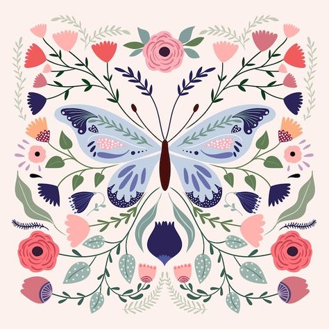 Spring summer butterfly composition, pos... | Premium Vector #Freepik #vector #textile-design #textile-pattern #fabric-design #seamless-floral Butterfly Composition, Card With Flowers, Xmas Tags, Flowers In Bloom, Butterfly Illustration, Design Basics, Punch Needle Patterns, Textile Pattern Design, Different Plants