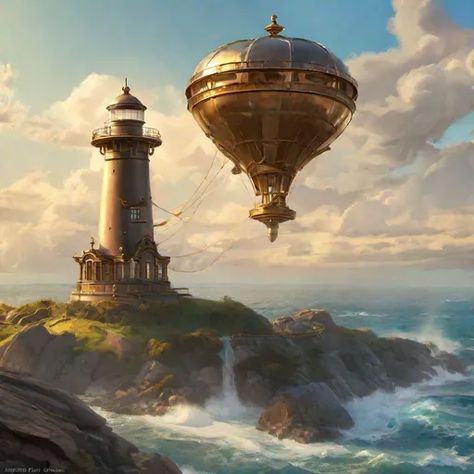 steampunk landscape, Lighthouse, Zeppelins in sky, h... Steampunk Landscape, Focus Illustration, Greg Rutkowski, Alphonse Mucha, Pretty Eyes, One Image, Zeppelin, Lighthouse, Digital Painting